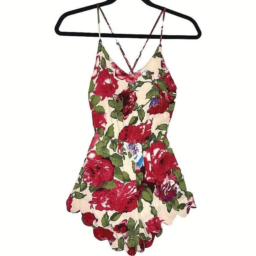 Cotton Candy LA Womens Romper XS Rayon Red Rose Floral Strappy Lined Scalloped